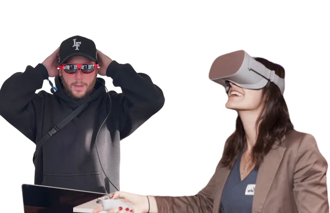 cropped out picture of two a man and women wearing a VR headset and XR glasses